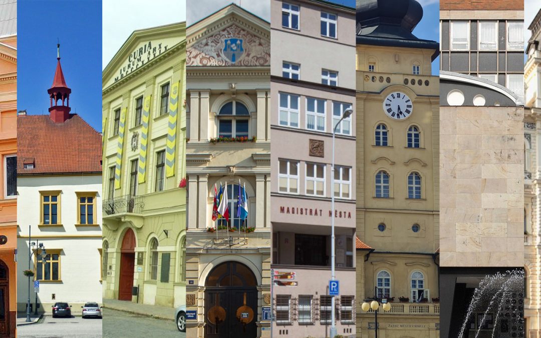 Koláž tvořená částmi radnic měst Dubí, Chomutova. Loun, Žatce, Terezína, Děčína, Roudnice a Ústí nad Labem
